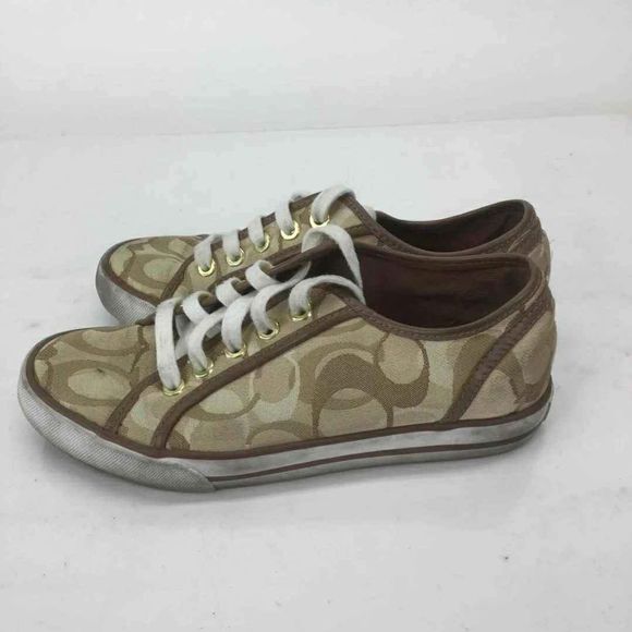 Coach Designer Tan Beige Signature Jacquard Lace-Up Sneakers size 5.5 - Picture 1 of 5